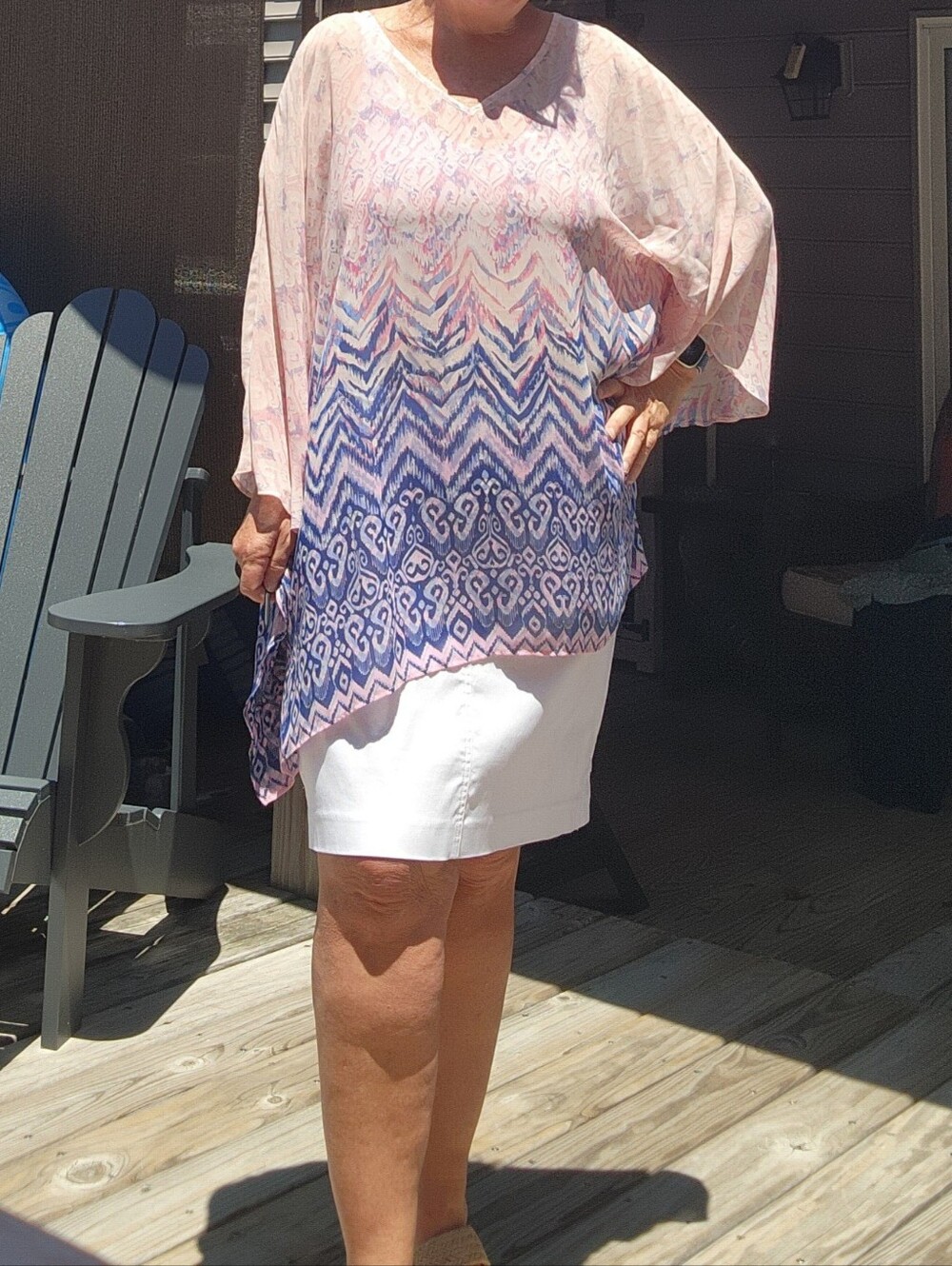 Belle By Kim Gravel, Pink and Blue Printed Poncho Top Sheer